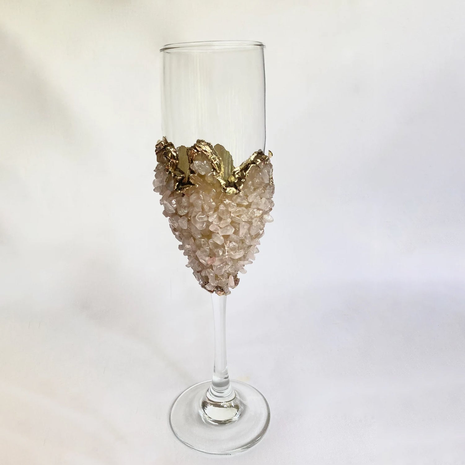 Set of 2 |Crystal Wine/Champagne Glasses with Gold Plated Rose Quartz