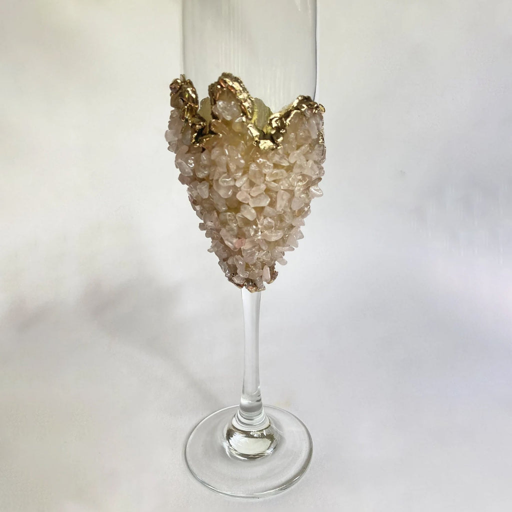 Set of 2 |Crystal Wine/Champagne Glasses with Gold Plated Rose Quartz