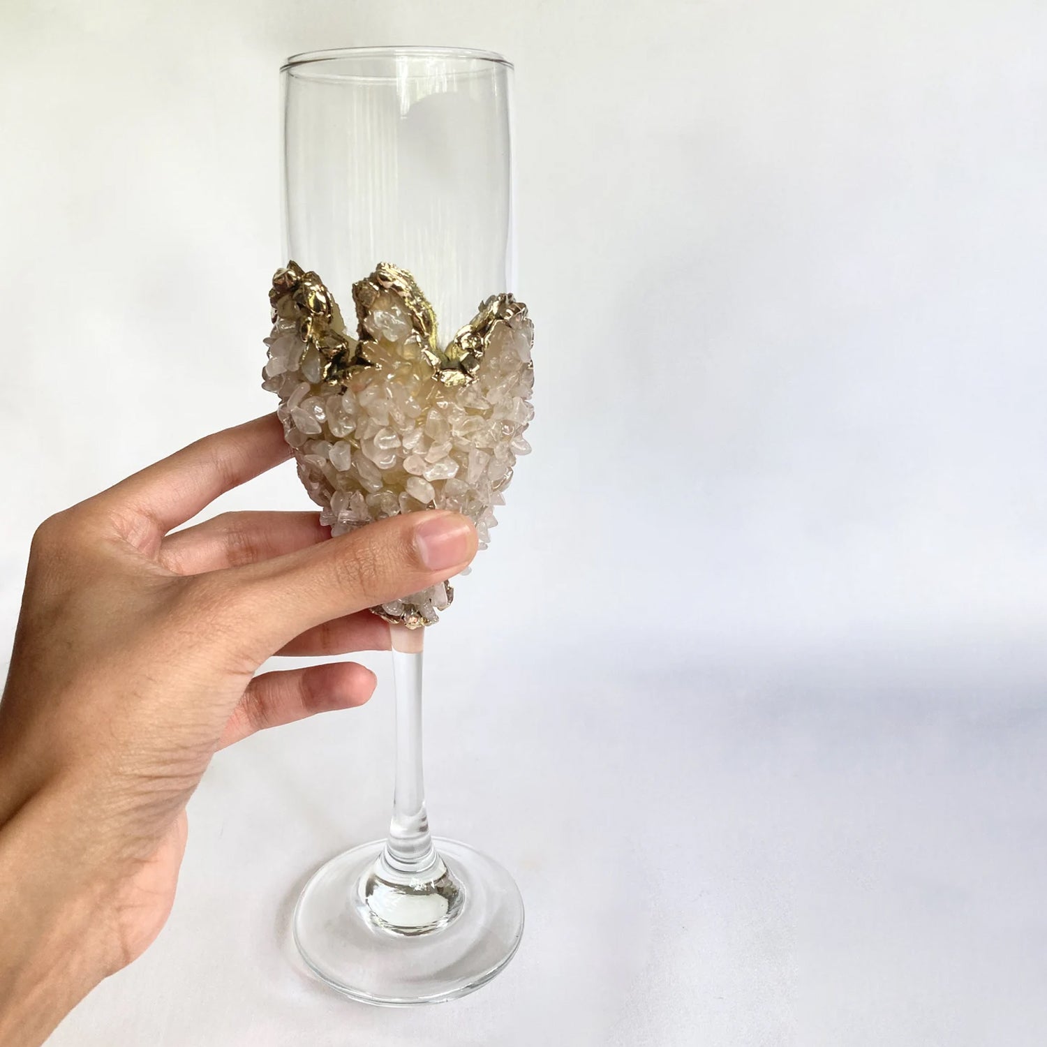 Set of 2 |Crystal Wine/Champagne Glasses with Gold Plated Rose Quartz